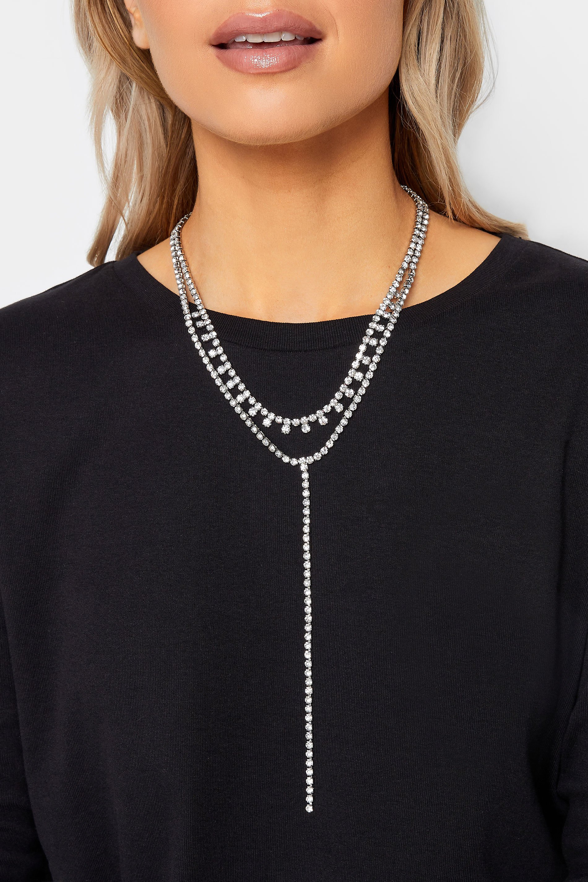 Yours Long Silver Double Layer Diamante Necklace