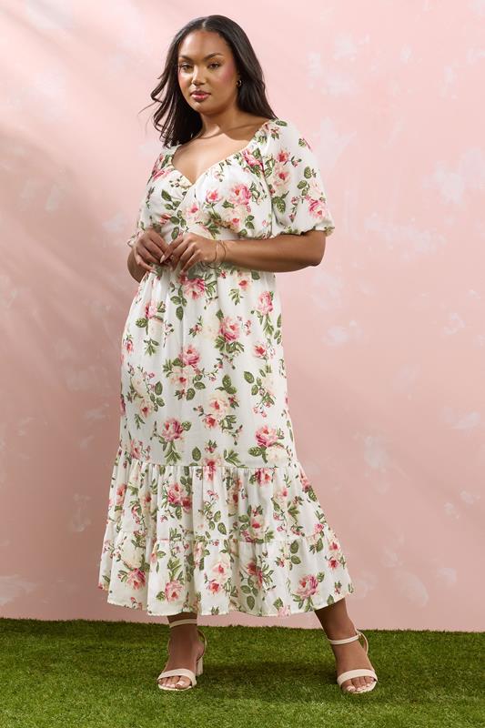 Yours YOURS Curve Pink Floral Print Tiered Midaxi Dress