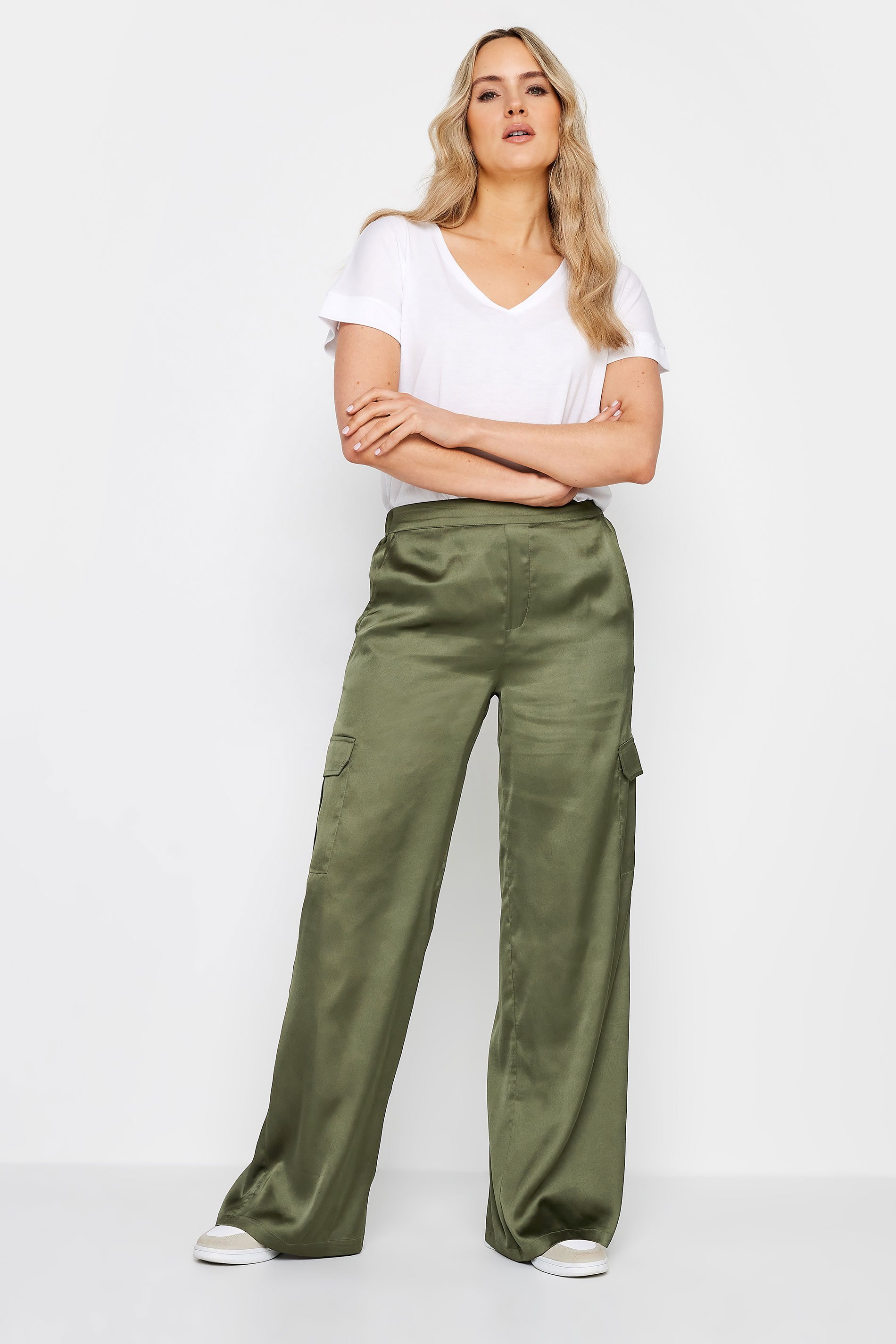 LTS LTS Tall Khaki Green Satin Wide Leg Trousers