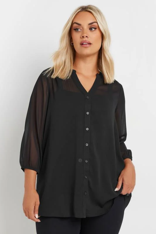 Yours YOURS Curve Black Sheer Notch Neck Blouse