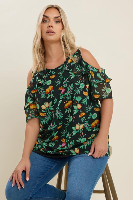 Yours YOURS Curve Black Tropical Fruit Print Frill Blouse