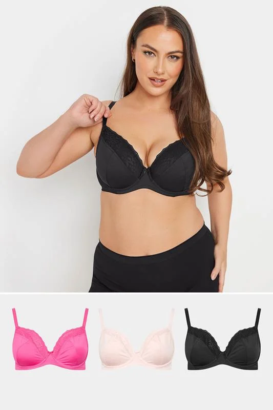 Yours YOURS 3 PACK Curve Black & Pink Animal Mesh Underwired Bras