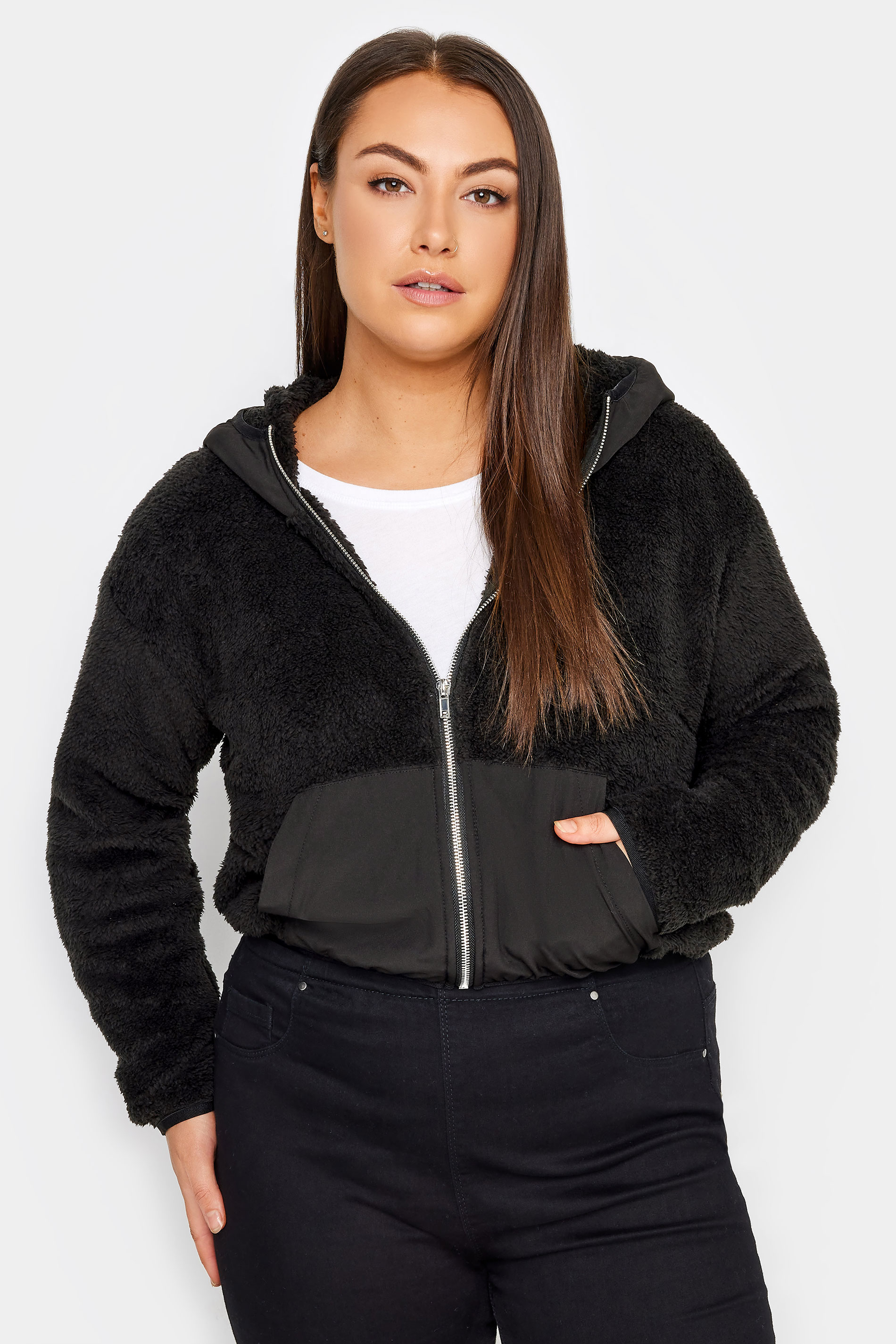 Evans Evans Black Crop Teddy Jacket