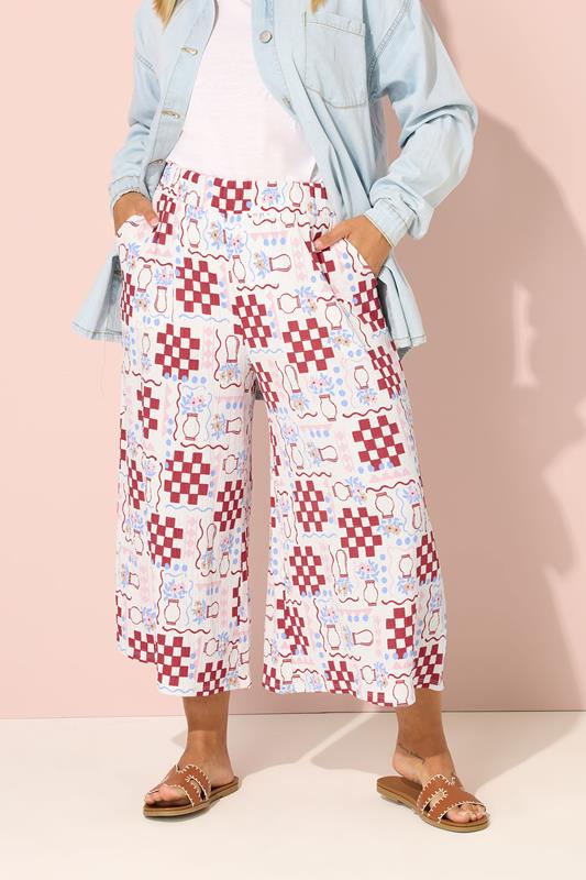 Yours YOURS Curve White Floral Check Crinkle Midaxi Culottes