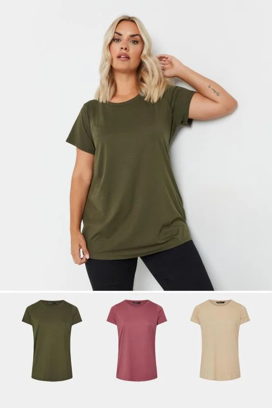 Yours YOURS Curve 3 PACK Natural Brown & Green Core T-Shirts