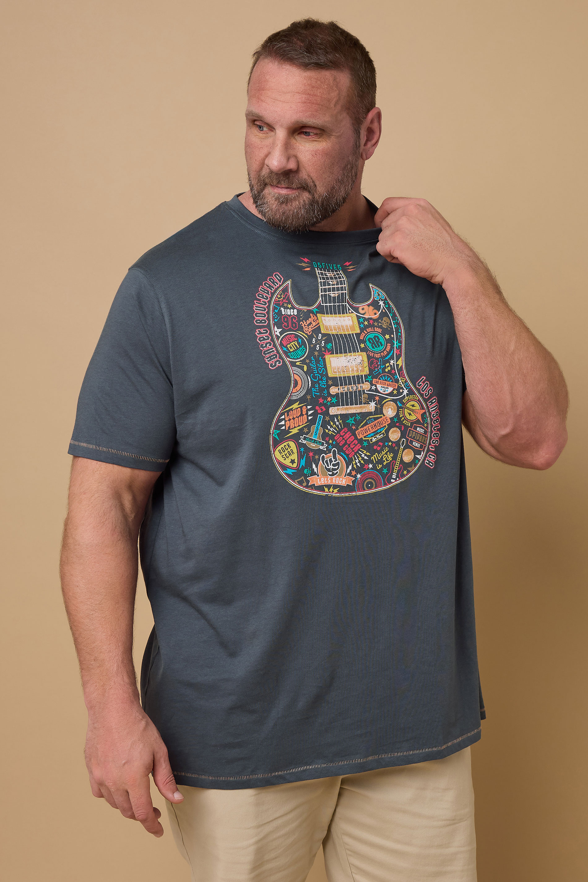 D555 D555 Big & Tall Navy Blue Guitar Print T-Shirt