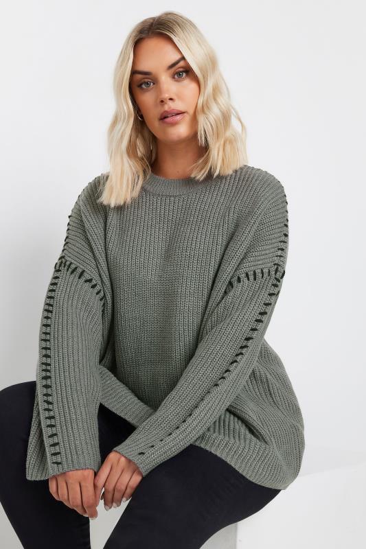 Yours YOURS Curve Grey Contrast Blanket Stitch Jumper