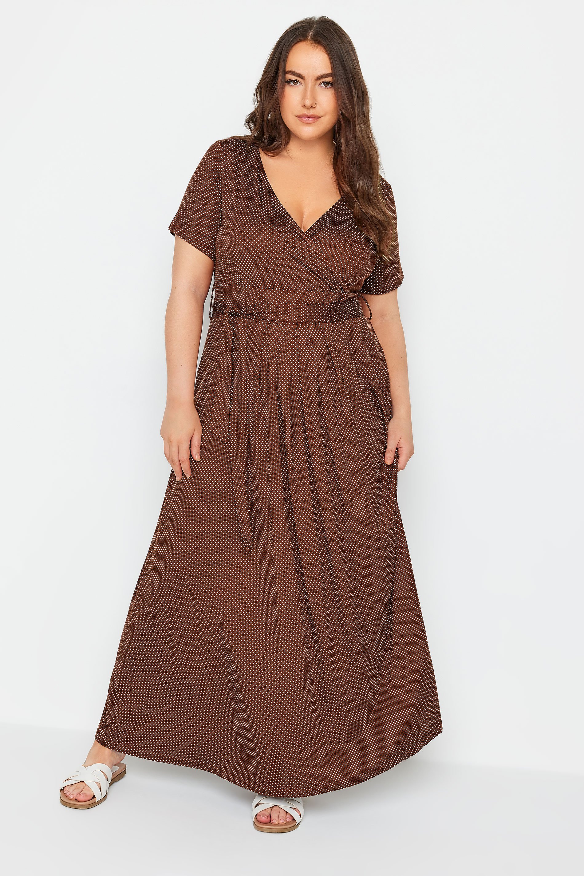 Yours YOURS Curve Brown Dot Print Maxi Wrap Dress