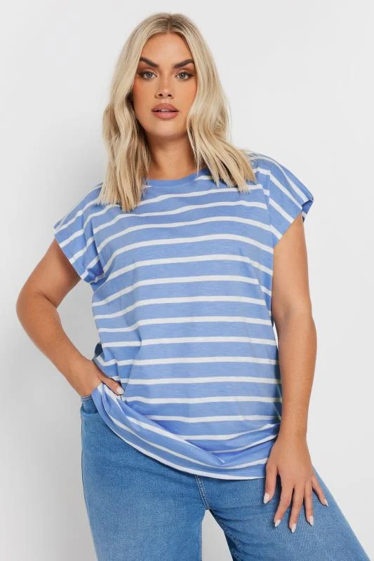Yours YOURS Curve Blue Grown On Sleeve Stripe T-Shirt