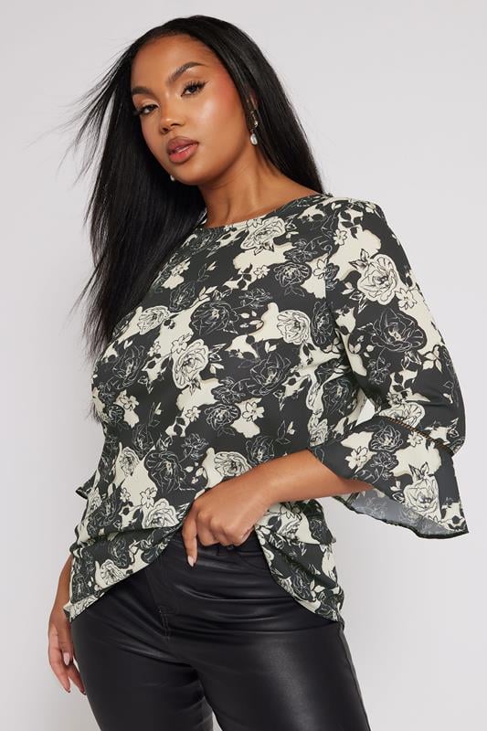 Yours London YOURS LONDON Curve Black Floral Print Crochet Trim Blouse