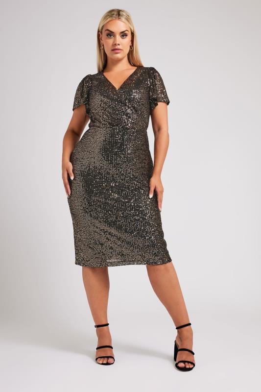 Yours London YOURS LONDON Curve Black & Gold Sequin Embellished Wrap Dress