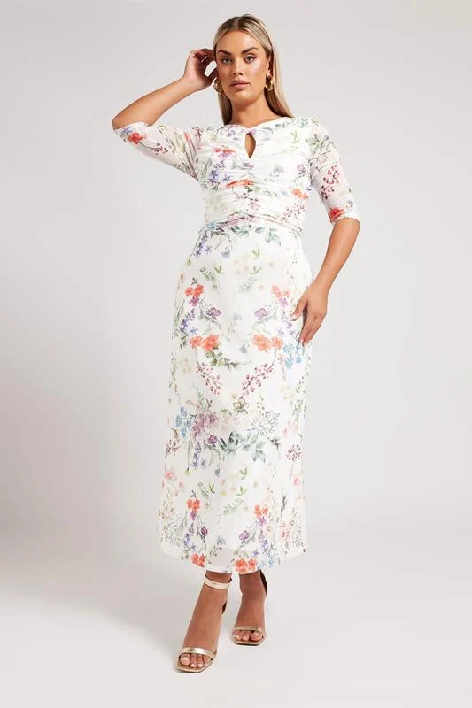 Yours London YOURS LONDON Curve White Floral Print Keyhole Mesh Dress