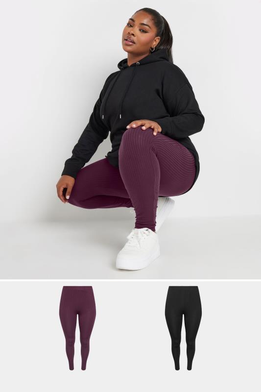 Yours YOURS 2 PACK Curve Burgundy Red & Black Ribbed Leggings