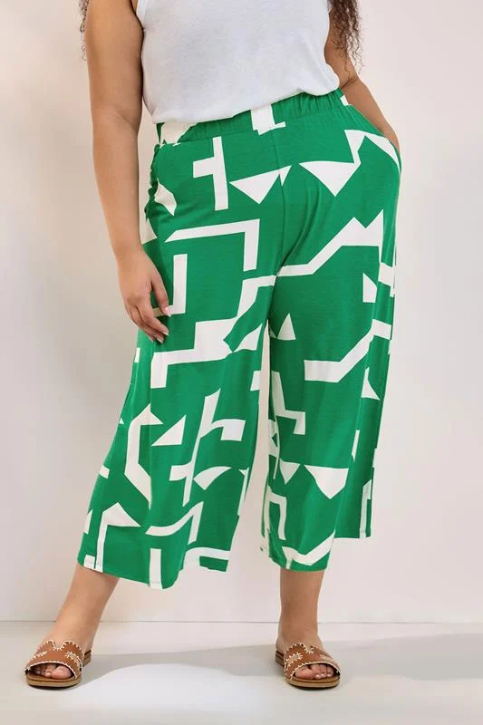 Yours YOURS Curve Green Abstract Print Cropped Wide Leg Trousers