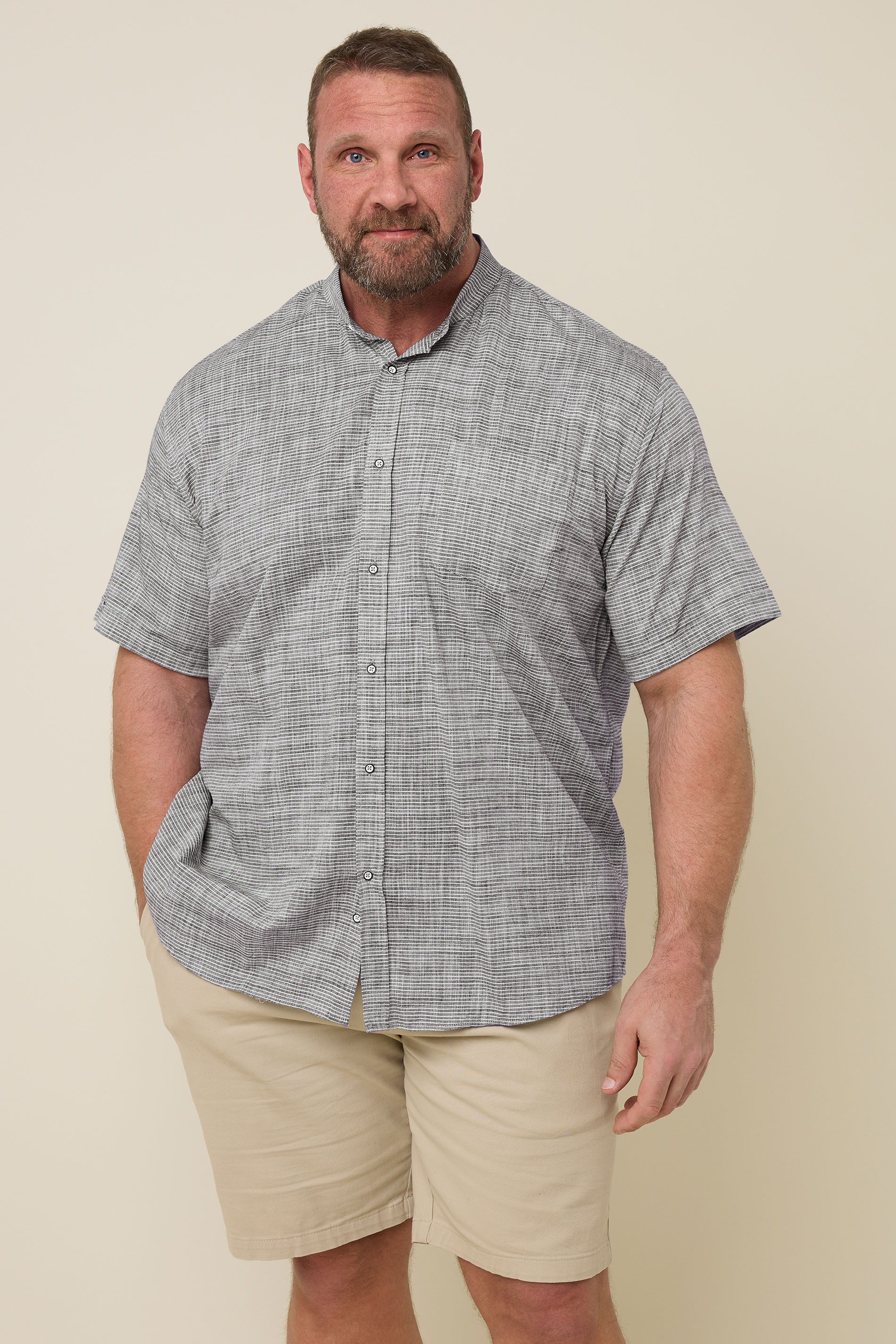 Kam KAM Big & Tall Charcoal Grey Stripe Grandad Collar Shirt