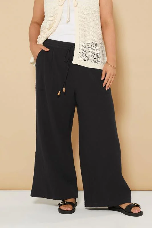 Yours YOURS Curve Black Cheesecloth Beaded Wide Leg Trousers