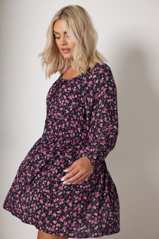Yours YOURS Curve Pink Floral Crinkle Tie Neck Dress