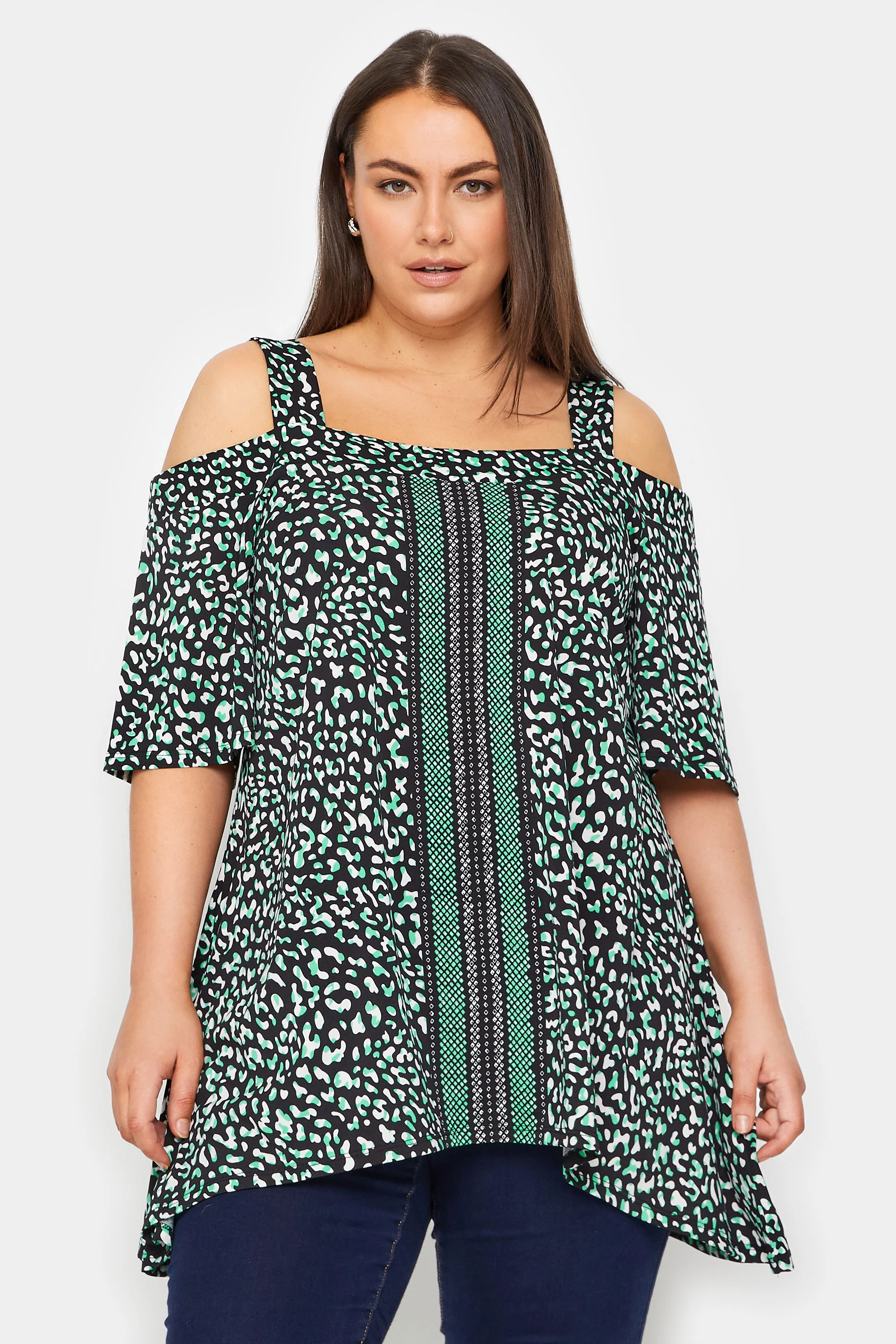 Evans Evans Black & Green Leopard Print Cold Shoulder Top