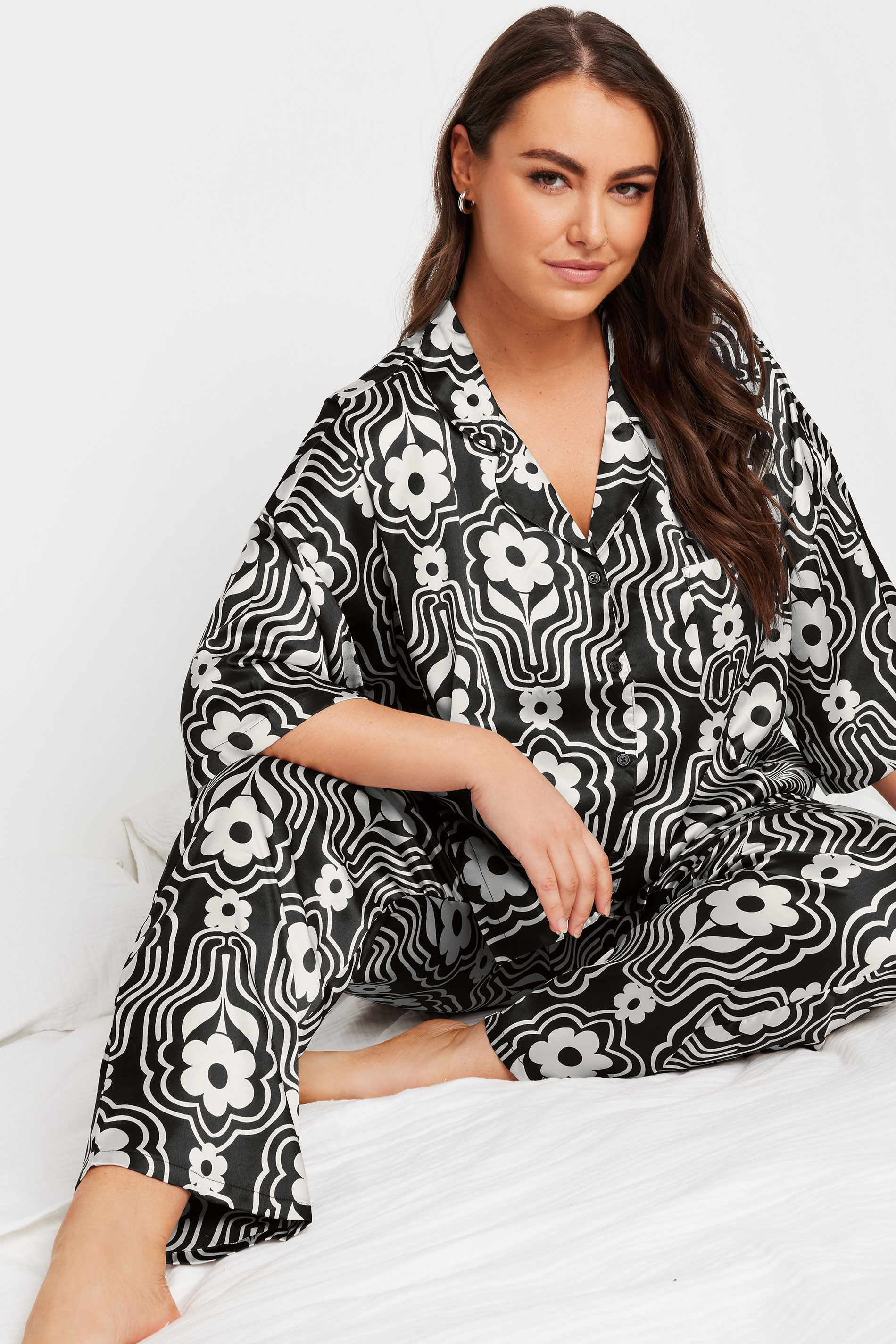 Yours YOURS Curve Black Floral Print Satin Pyjama Set