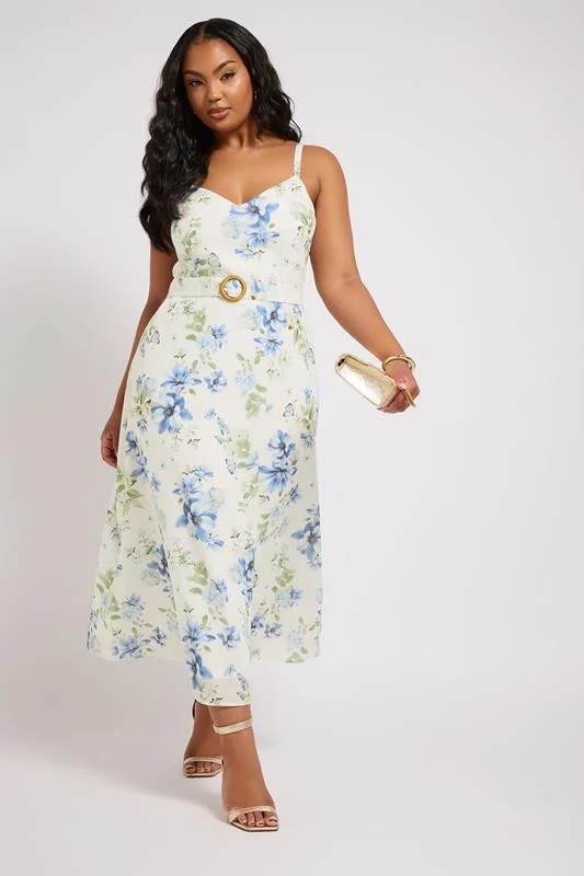 Yours London YOURS LONDON Curve Ivory White Floral Print Belted Linen Look Dress