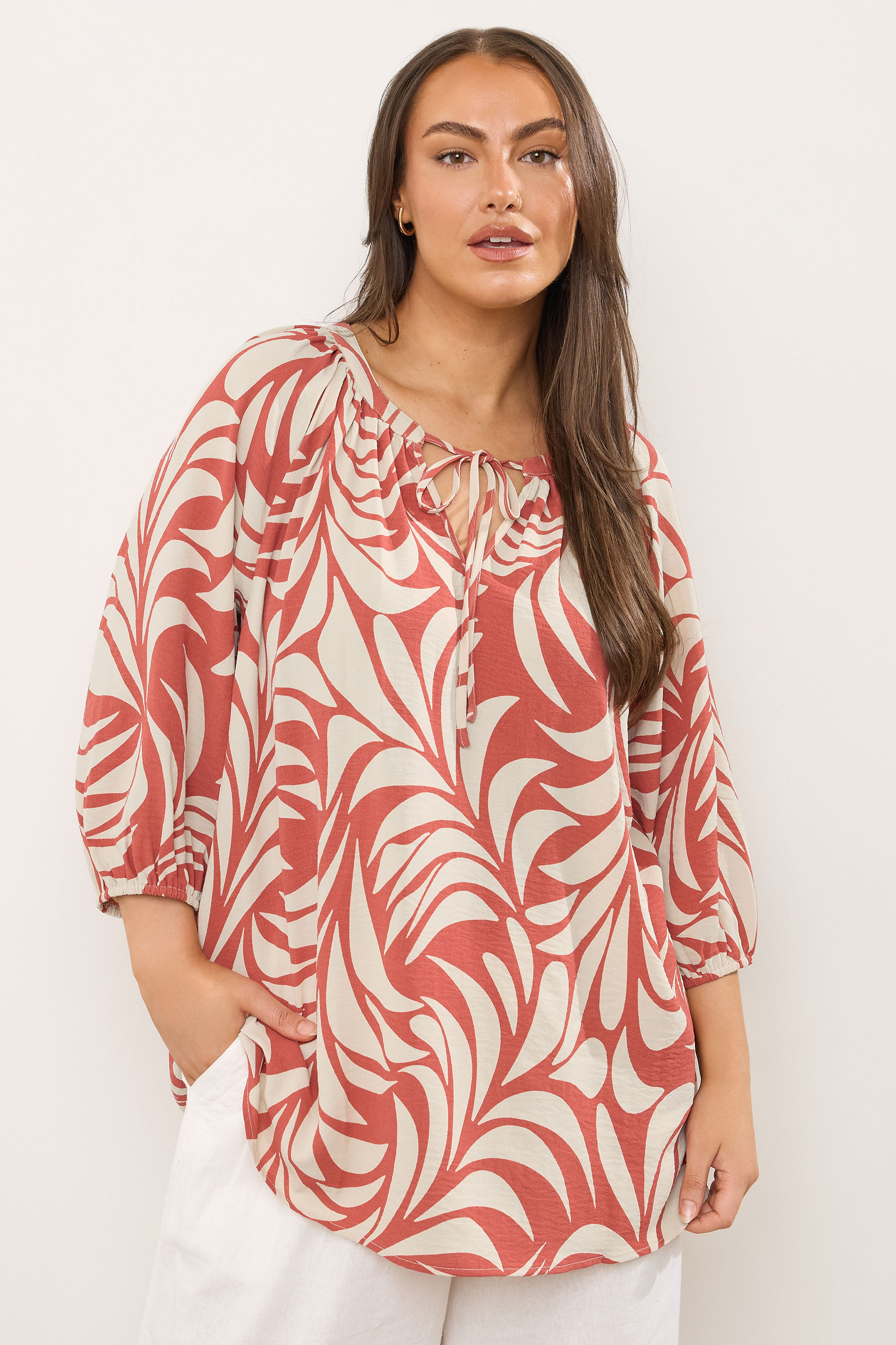Evans EVANS Curve Rust Orange Leaf Print Tie Neck Blouse
