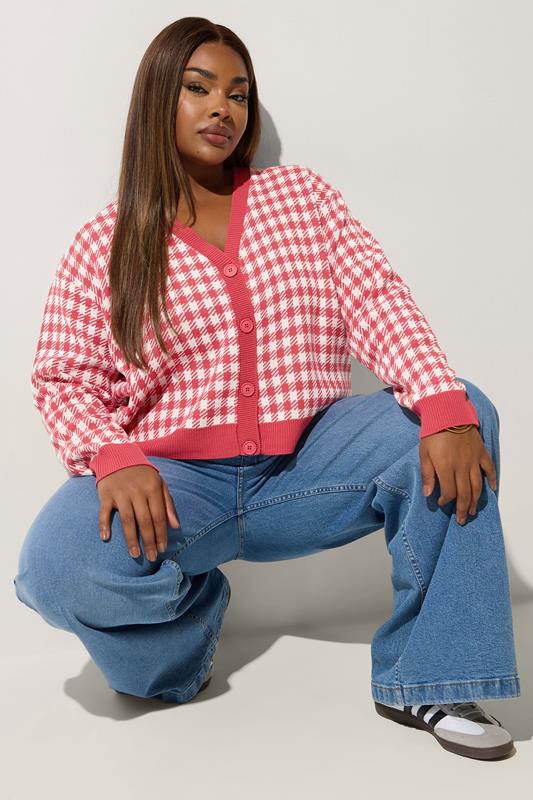 Limited Collection LIMITED COLLECTION Curve Coral Pink Gingham Knitted Cardigan