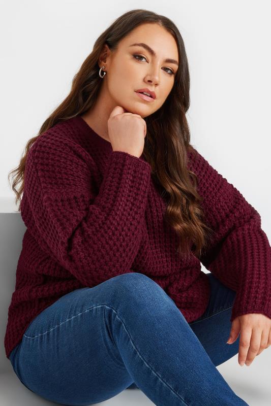Yours YOURS Curve Burgundy Red Waffle Knit Jumper