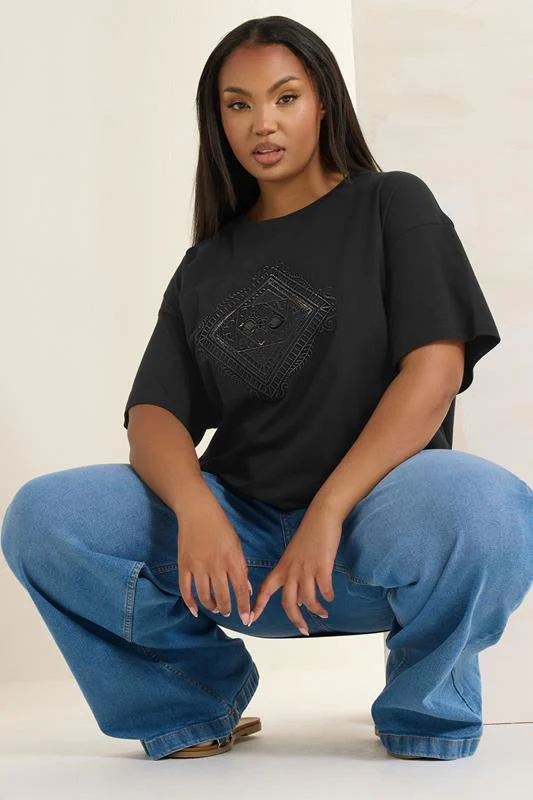 Yours YOURS Curve Black Embroidered Boho Diamond Oversized T-Shirt