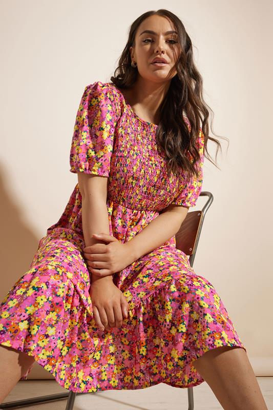 Yours YOURS Curve Pink Floral Print Shirred Midaxi Dress