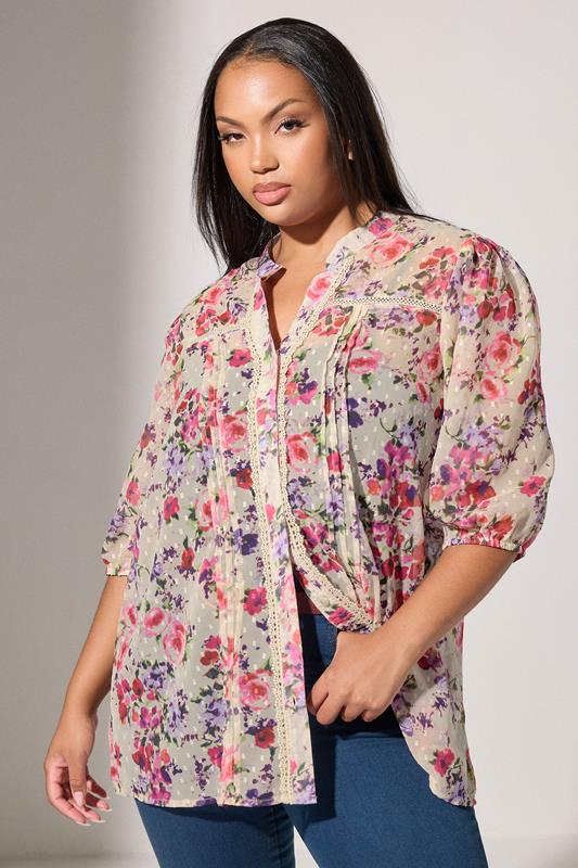 Yours London YOURS LONDON Curve White Floral Dobby Crochet Trim Blouse