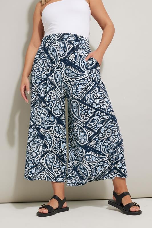 Yours YOURS Curve Navy Blue Tile Print Midaxi Culottes