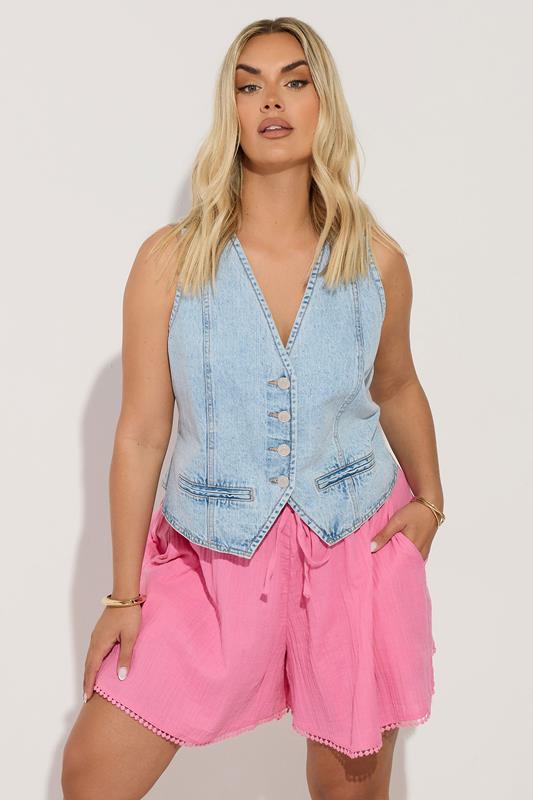 Yours YOURS Curve Pink Crinkle Crochet Trim Shorts