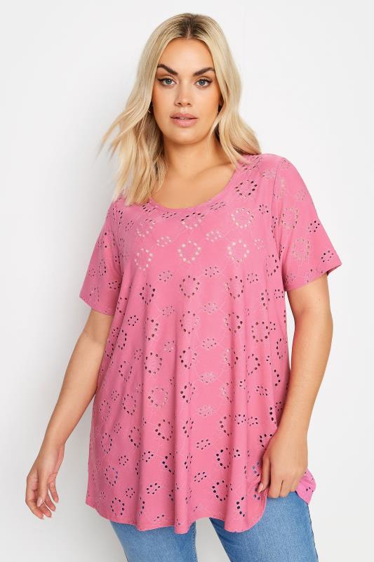 Yours YOURS Curve Pink Broderie Anglaise T-Shirt
