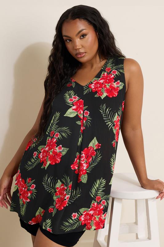 Yours YOURS Curve Black Floral Print Pleat Front Vest Top