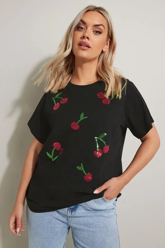 Yours YOURS Curve Black Sequin Embellished Cherry T-Shirt