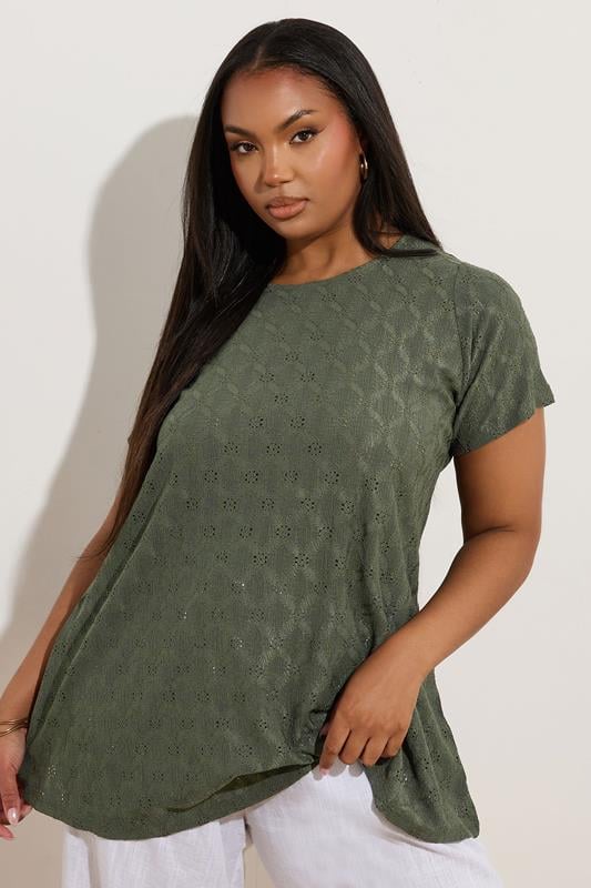 Yours YOURS Curve Khaki Green Broderie Anglaise Textured Swing Top