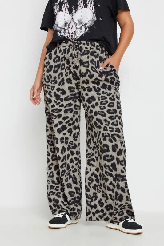 Yours YOURS Curve Grey Leopard Print Wide Leg Trousers