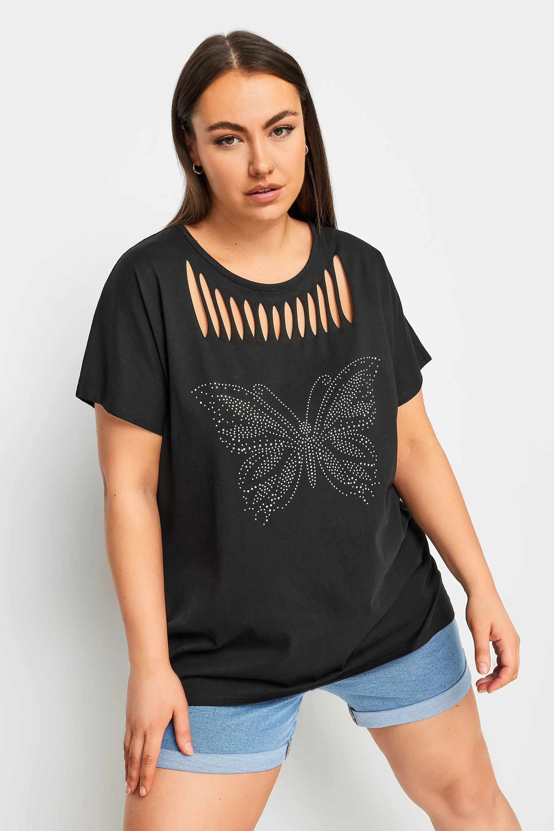 Yours YOURS Curve Black Cut Out Butterfly Embellished T-Shirt