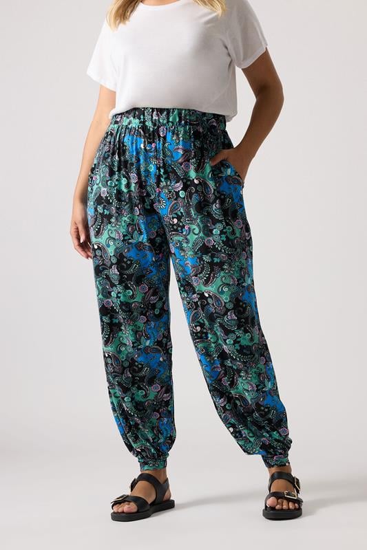 Yours YOURS Curve Blue Paisley Print Cuffed Harem Trousers