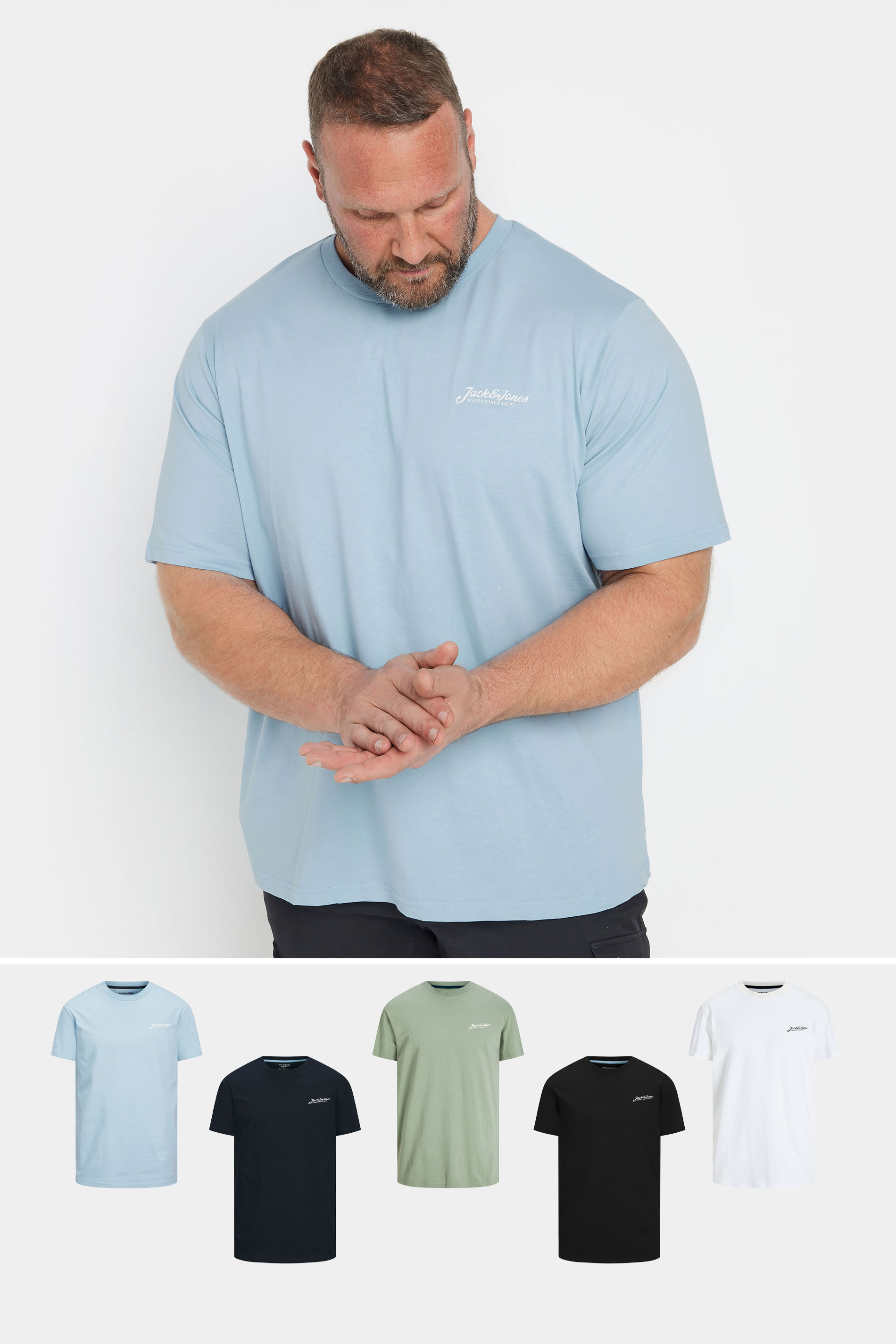Jack & Jones JACK & JONES Big & Tall 5 Pack Light Blue & Black Core T-Shirts