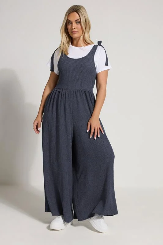 Yours YOURS Curve Navy Blue Textured Wide Leg Jumpsuit