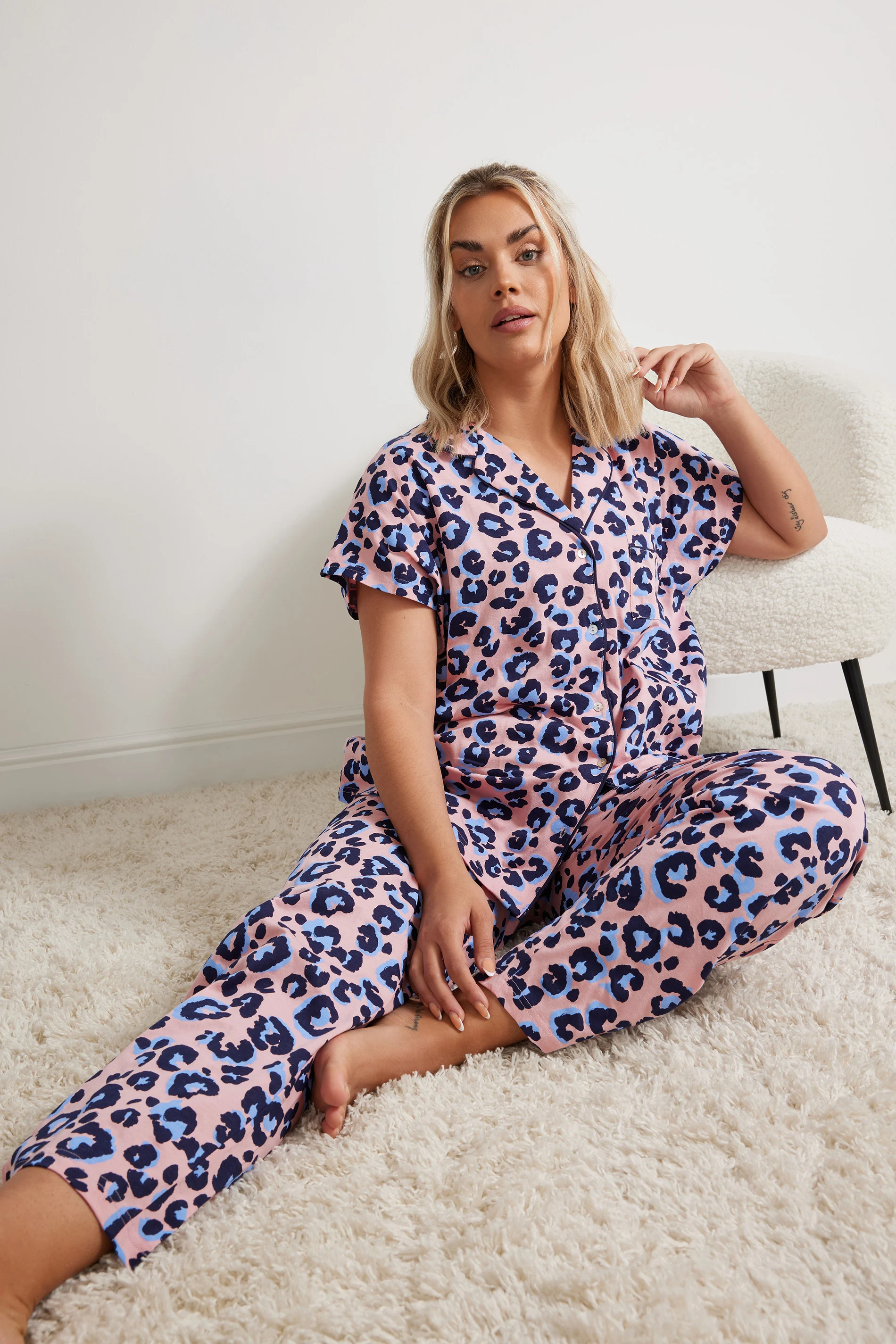 Yours YOURS Curve Pink Leopard Print Button Through Pyjama Set