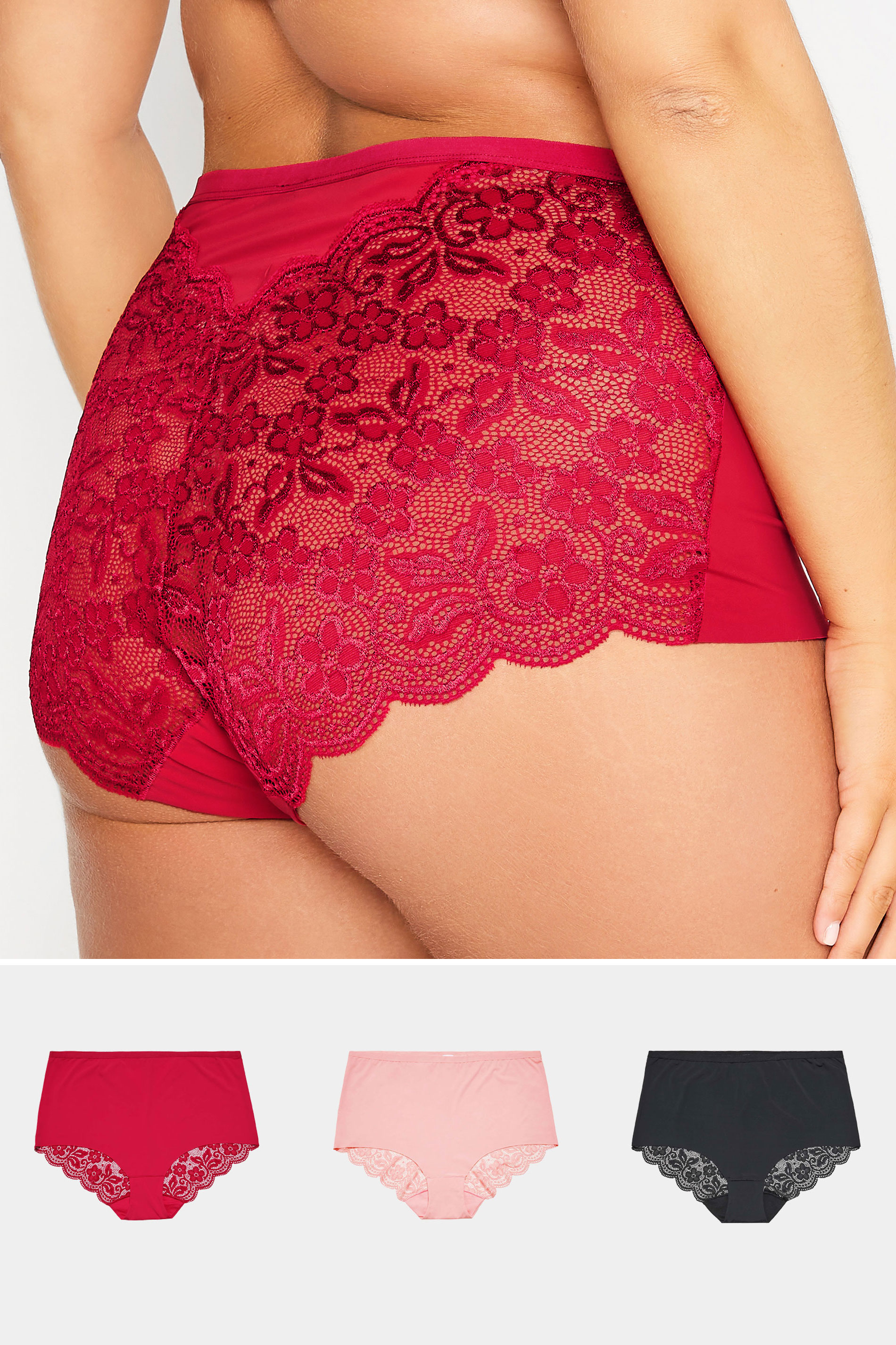Yours 3 PACK Curve Red & Black Lace Back High Waisted Knickers