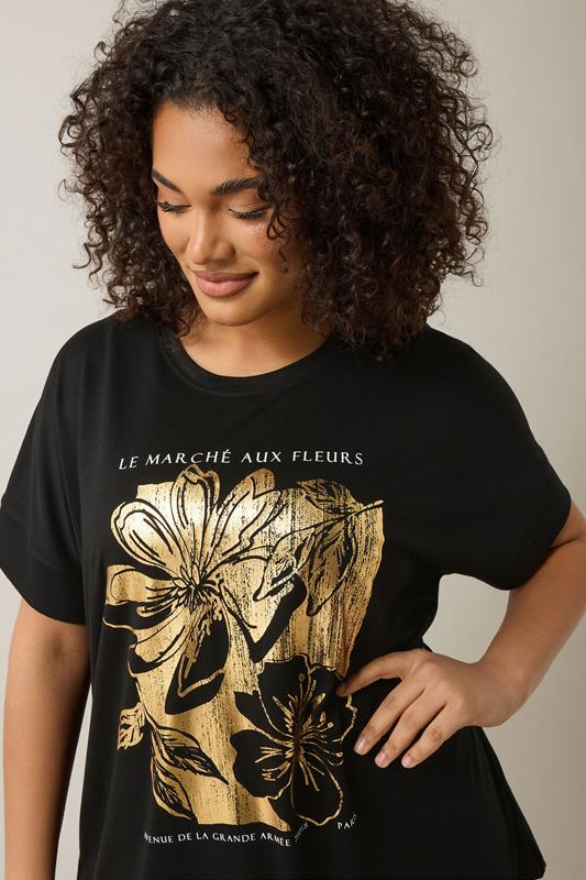 Evans EVANS Curve Black Metallic Floral Print Modal Rich T-Shirt