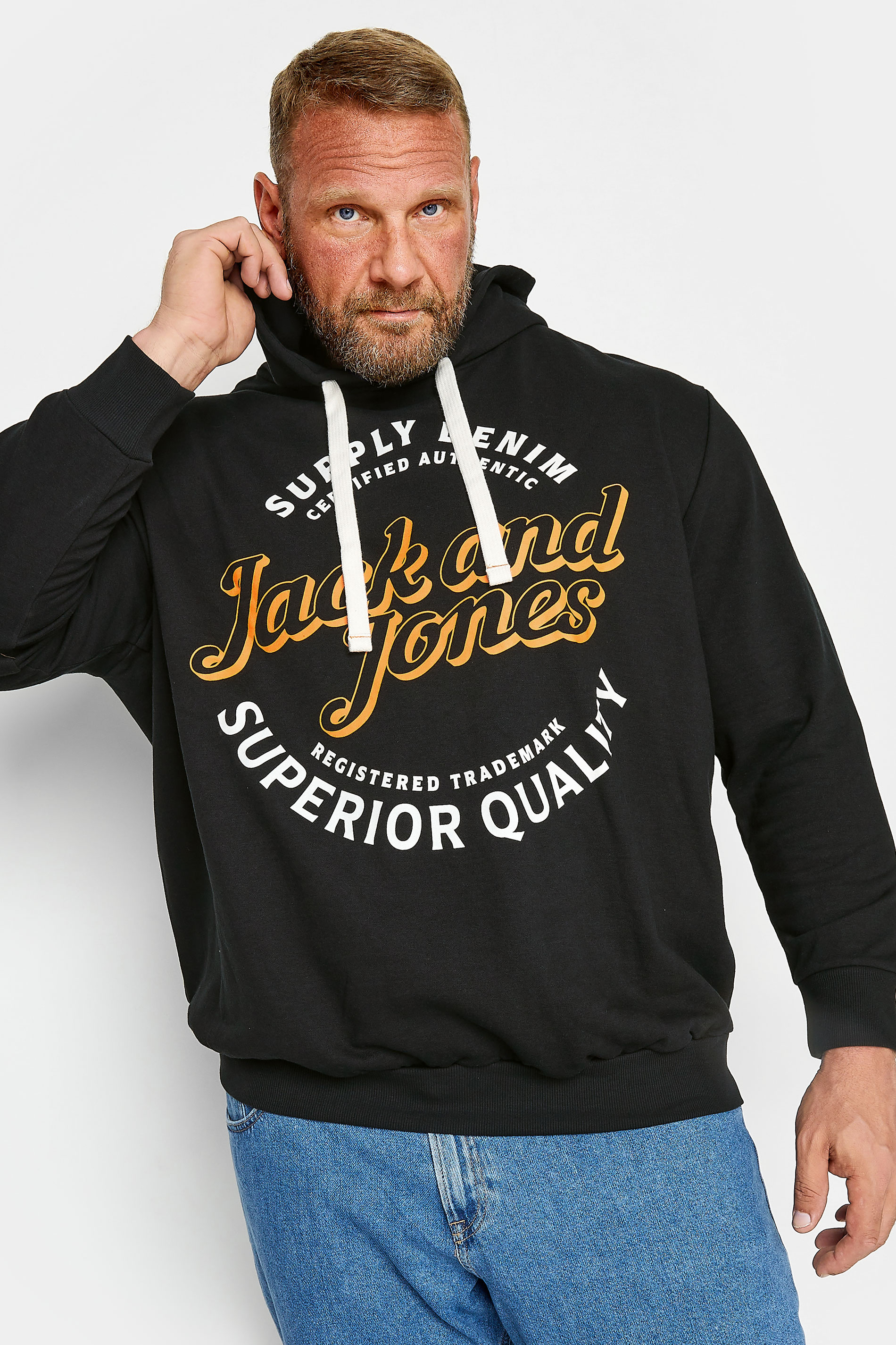 Jack & Jones JACK & JONES Big & Tall Black Hooded Logo Print Sweatshirt
