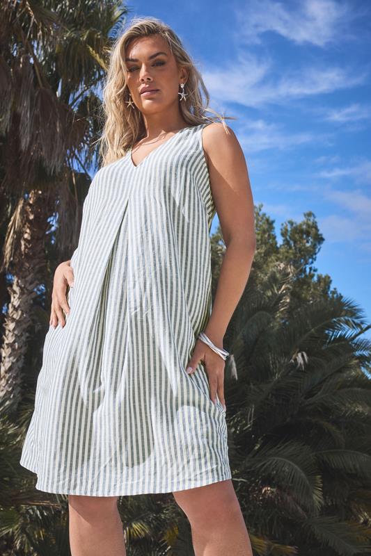 Yours YOURS Curve Blue Stripe Print Pleat Front Linen Dress
