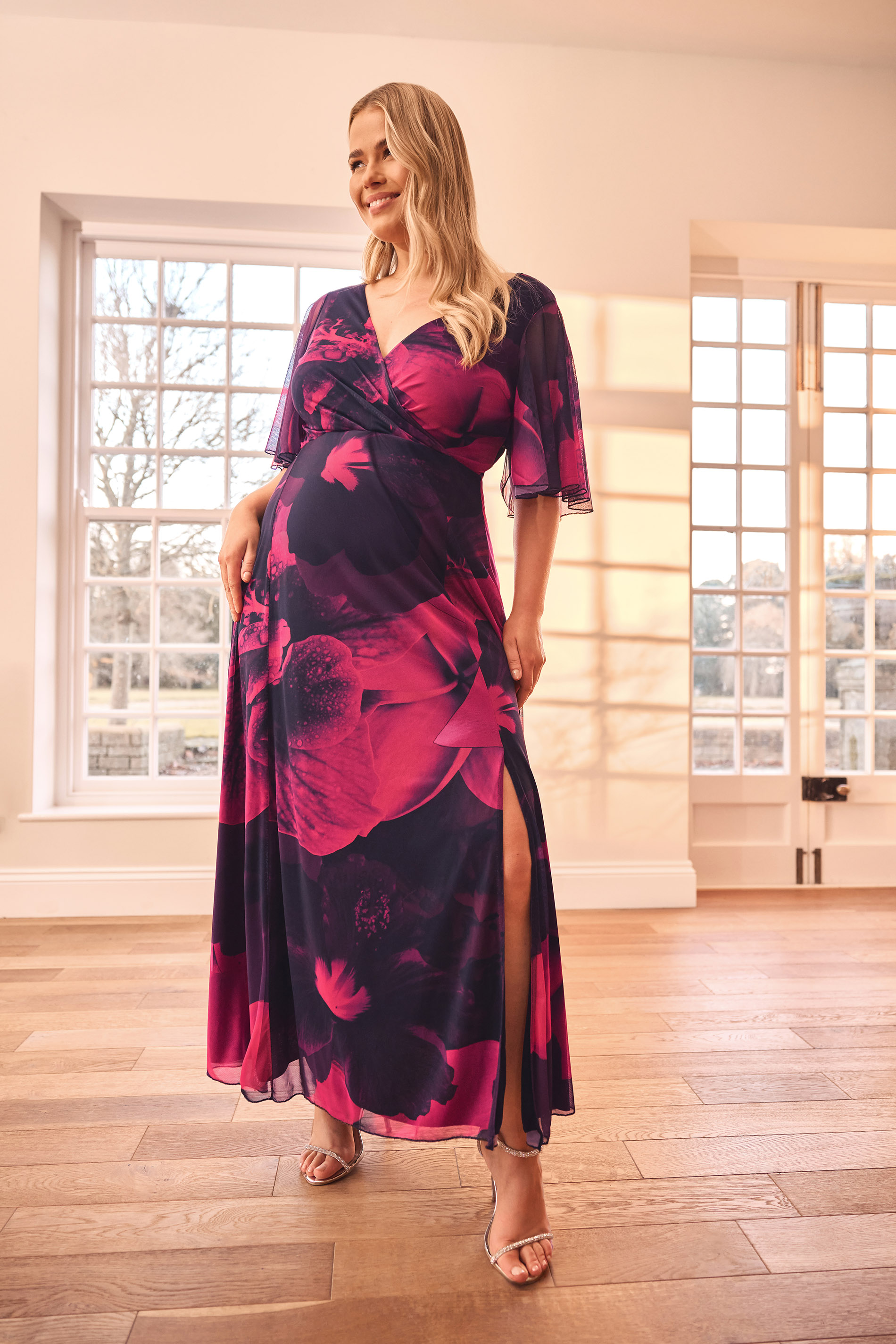 Yours London YOURS LONDON Curve Pink Floral Mesh Wrap Maxi Dress