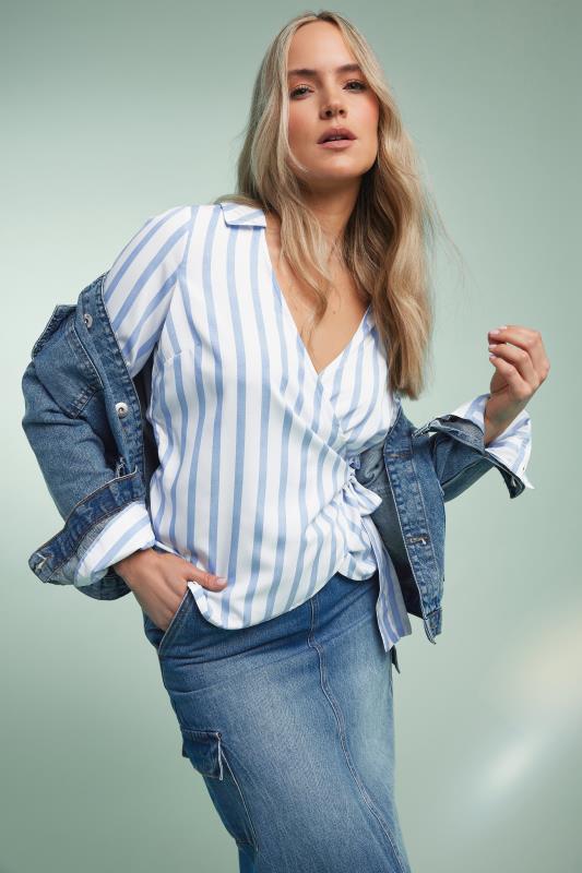 LTS LTS Tall Blue & White Stripe Collared Wrap Top