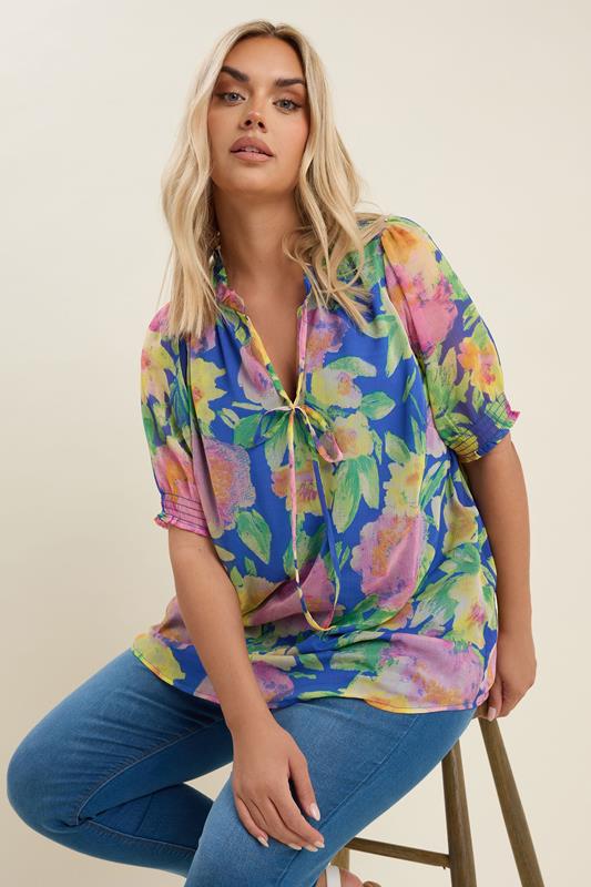 Yours YOURS Curve Cobalt Blue Floral Print Tie Front Blouse