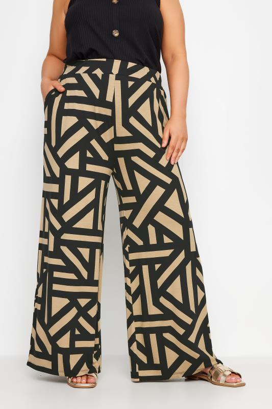 Yours YOURS Curve Beige Brown Geometric Print Wide Leg Trousers